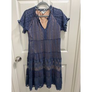 Sundance Sweep Of Lace Dress Blue Lined Small Short Sleeve Boho Modest